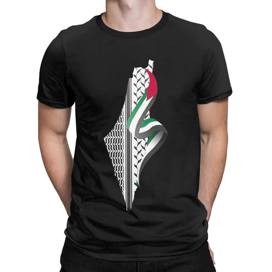 Vintage Palestinian Keffiyeh Palestine Map T-Shirt for Men Crewneck 100% Cotton T Shirts Short Sleeve Tees Plus Size Tops
